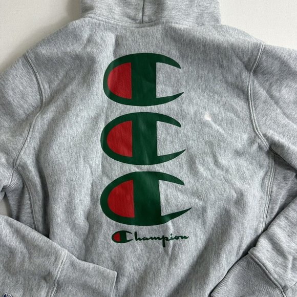 Champion Reverse Weave Double Sided Graphic Pullover Hoodie Sweatshirt Red Gray - Picture 5 of 13